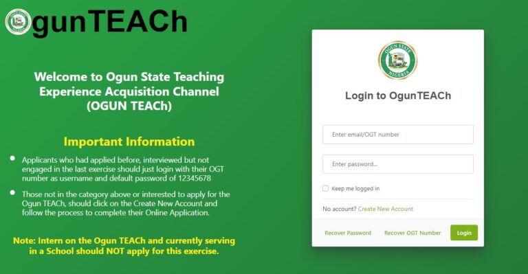 OgunTeach Teachers Recruitment 2024 Application Portal Login Update